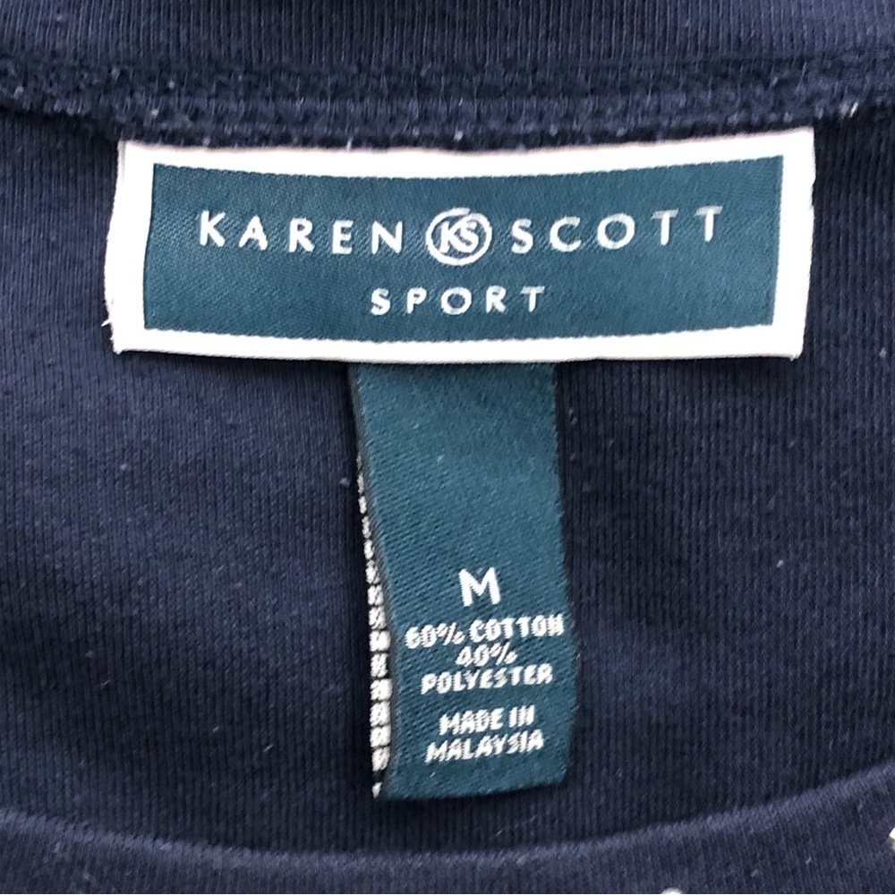 Karen Scott Sport Navy blue floral stripe 3/4 sleeve scoop neck texture tee M - Picture 6 of 8